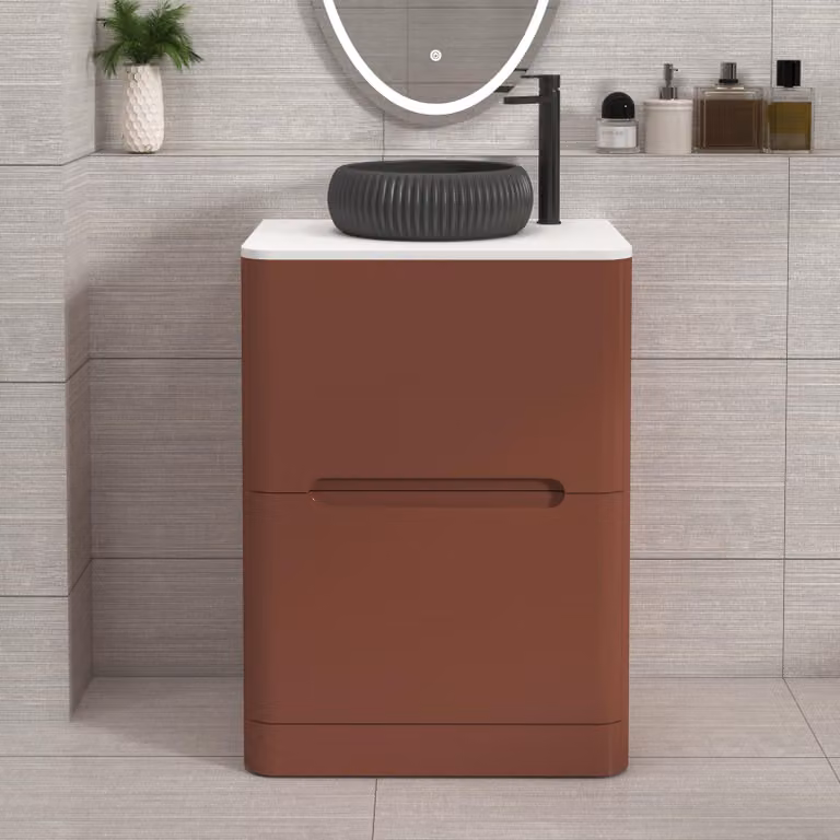 Royal Bathrooms Venice 600mm Terracotta Clay Floor Standing 2 Drawer Vanity Unit with Plain White Worktop and Milan Black Basin