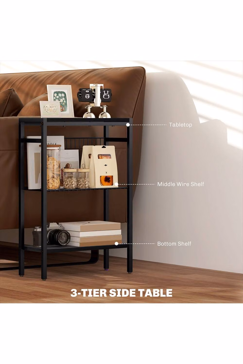 ERGOVEXA Industrial Three Shelf Side Table, Black – 3