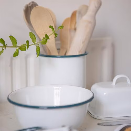 Argon Tableware White Enamel Utensil Holders with Green Rim, Pack of 2, Height: 15.5 cm – 2