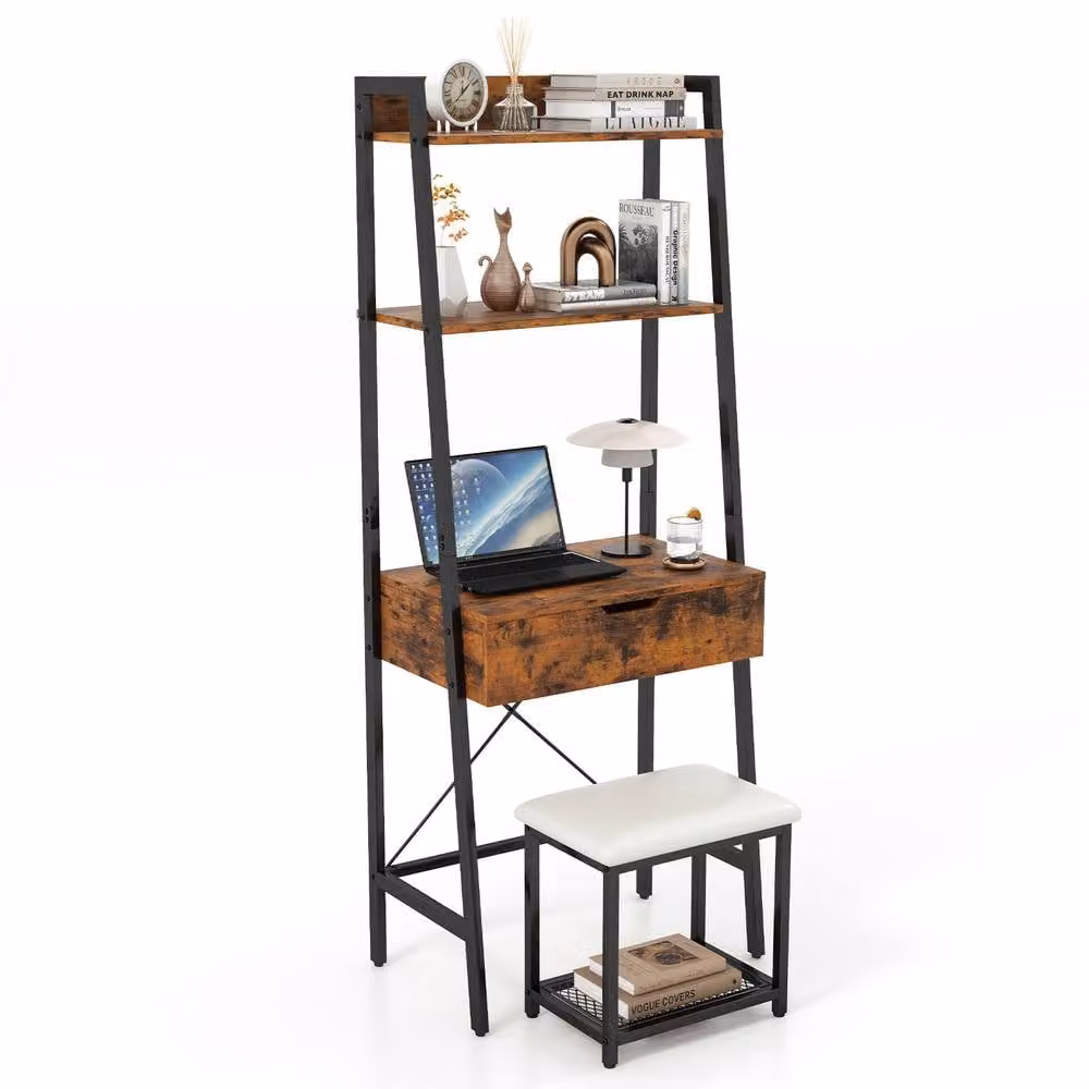 CASART Ladder Dressing Table Set with Stool and Flip-up Mirror in Brown – 2