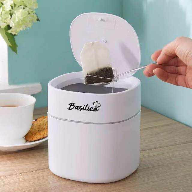 Basilico White Countertop Compost and Tea Bag Bin with 2L Capacity and Push-Touch Lid