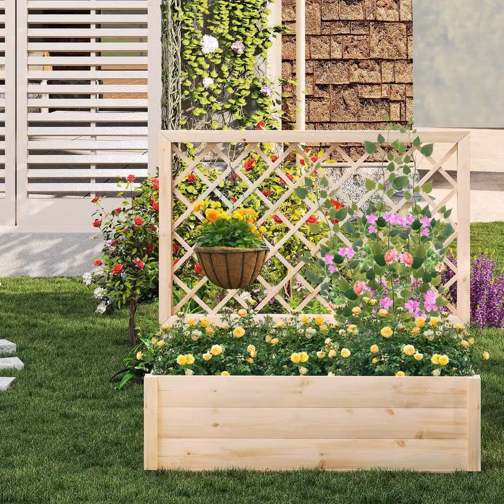 Gymax Wooden Raised Garden Bed with Lattice Trellis in Natural Brown and Beige, Height: 104 cm – 2