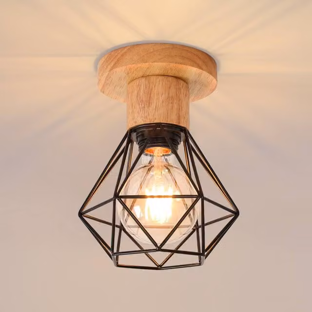 Pheashine Industrial Geometric Wood and Metal Ceiling Light in Black with E27 Socket – 1