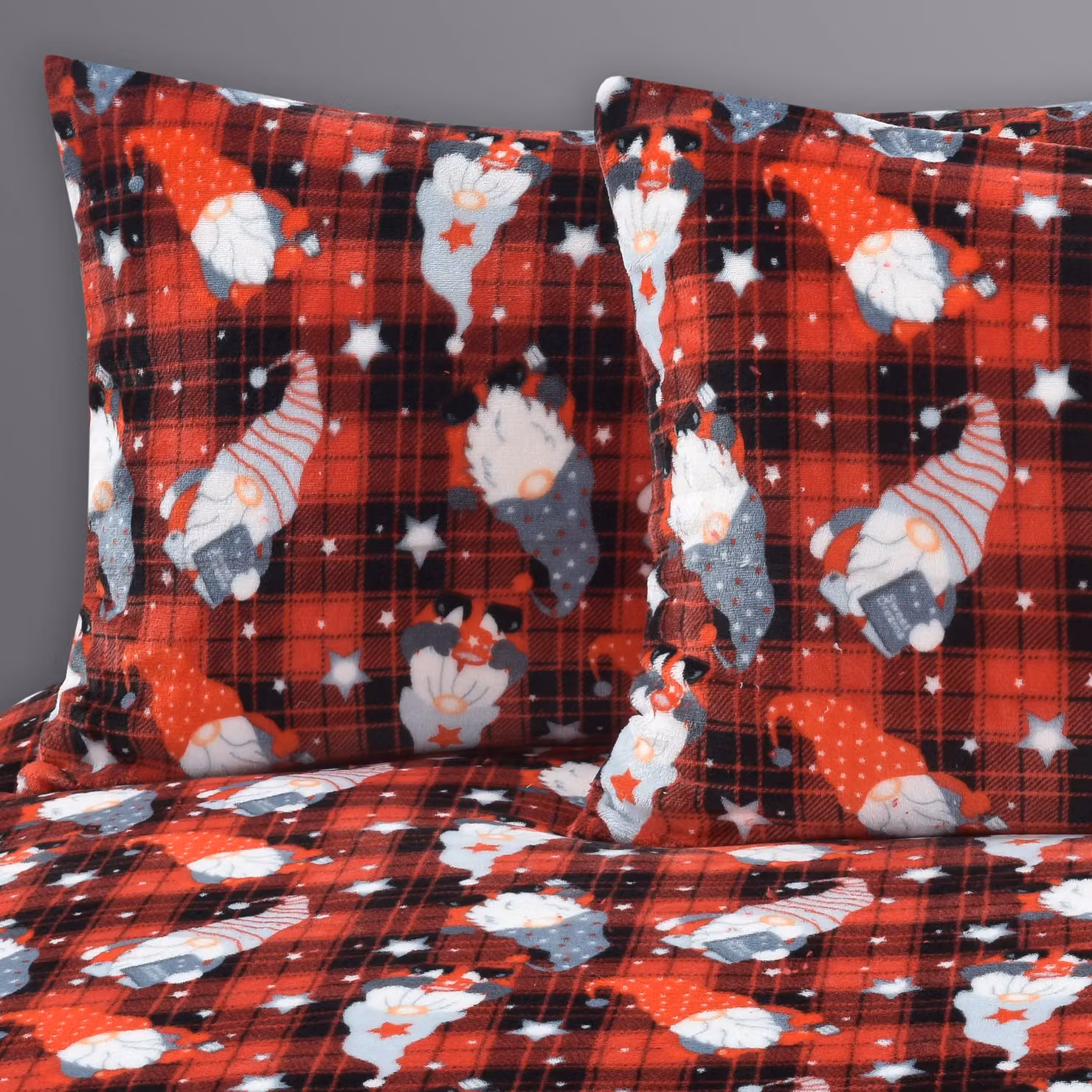 Velosso Gonks Check Flannel Cotton Rich Printed Duvet Cover and Pillowcase Set in Red, W/D/H: 200 x 200 cm and 50 x 75 cm – 2