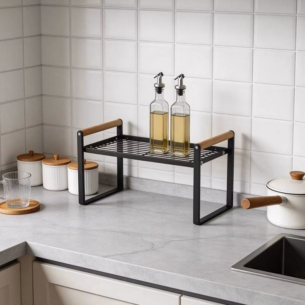 EONLION 2 Tier Kitchen Plate Rack Storage Shelf, Black, W: 35 cm, D: 20.5 cm, H: 20 cm – 3