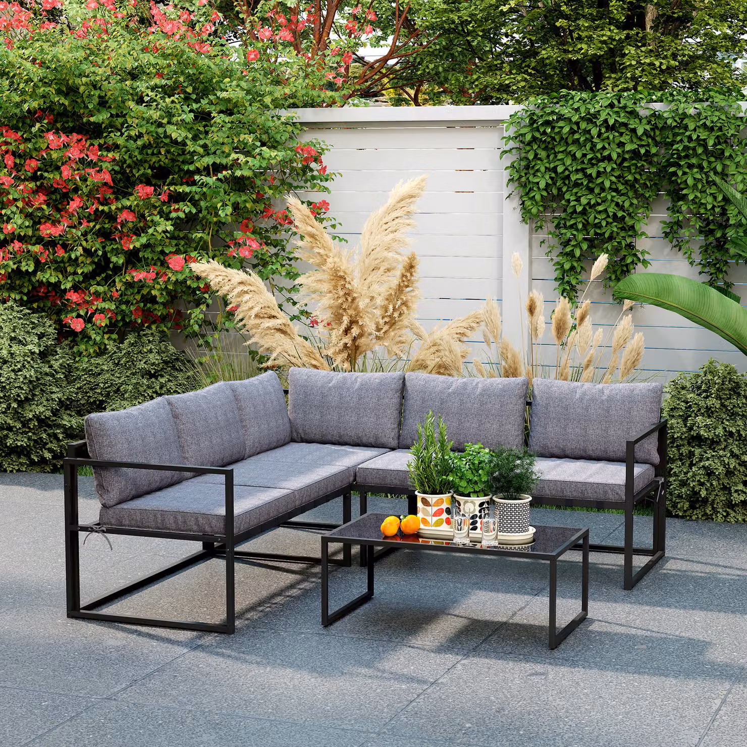 Outsunny L-Shaped Garden Corner Sofa Set with Tempered Glass Coffee Table and UV-Resistant Upholstered Cushions, Grey – 9
