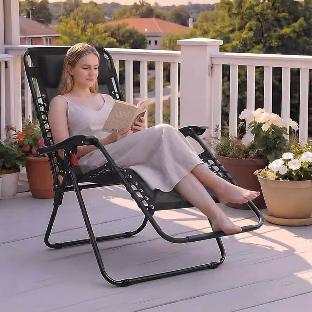 The Bazaarist Zero Gravity Reclining Garden Chair with Side Tray and Adjustable Headrest, Black