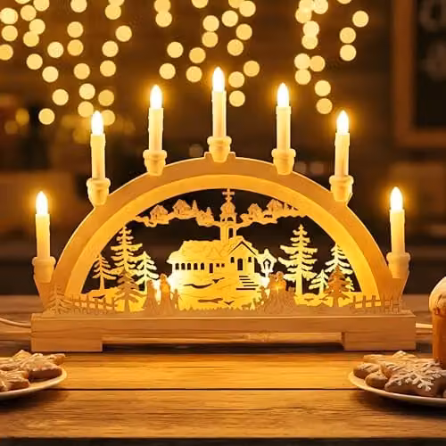 GloBrite Christmas Candle Bridge with 10 Multicolour LED Lights, Battery Operated Wooden Tabletop Candle Arch for Home Decor – 1