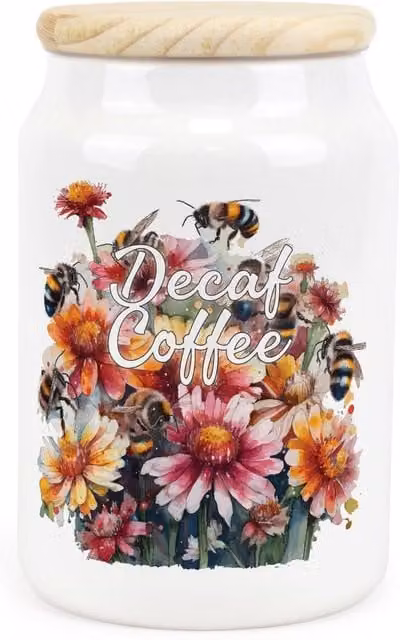 Purely Home Flowers & Bees Ceramic Decaf Coffee Storage Canister in Yellow and White with Floral Design