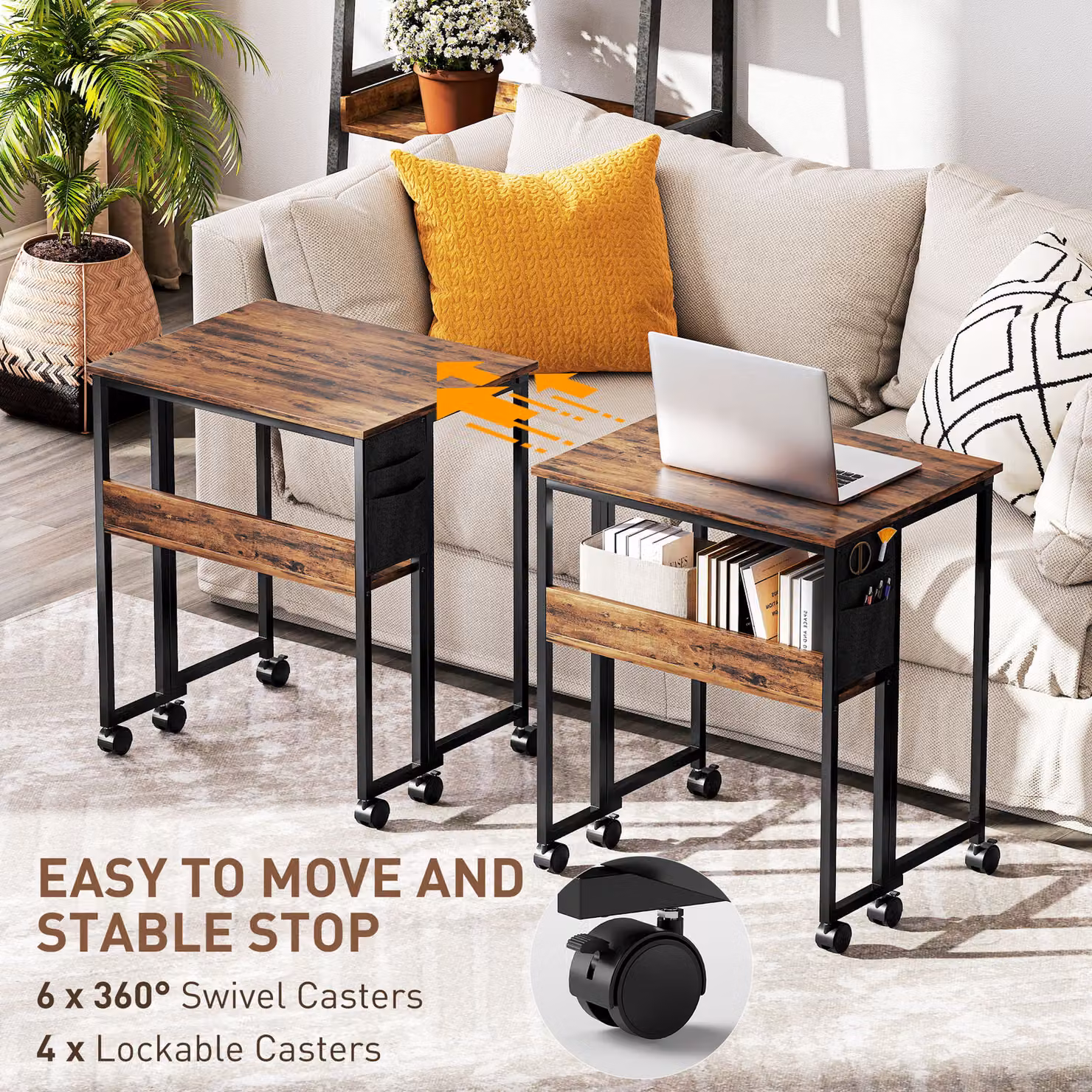 HOMCOM Rustic Brown Drop Leaf Writing Desk with Castors – 5