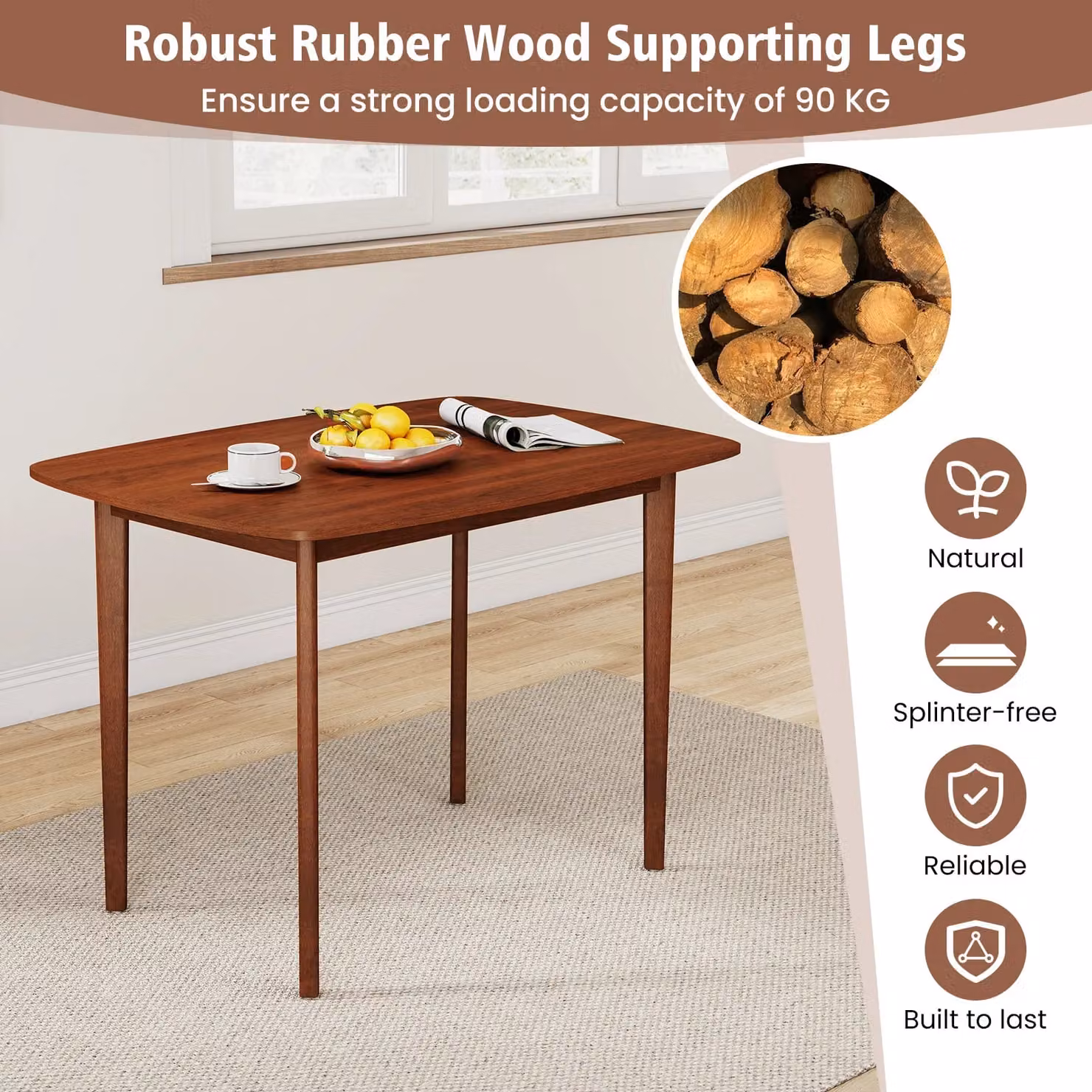 Costway Rectangular Wooden Dining Table in Brown, W: 110 cm, D: 90 cm, H: 77 cm – 4