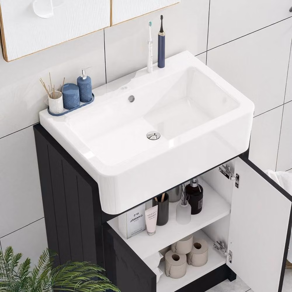 FORGEVIO Grey Glossy Modern Floor-Standing Bathroom Cabinet with Hinged Doors and Internal Shelves, Width: 60 cm – 3