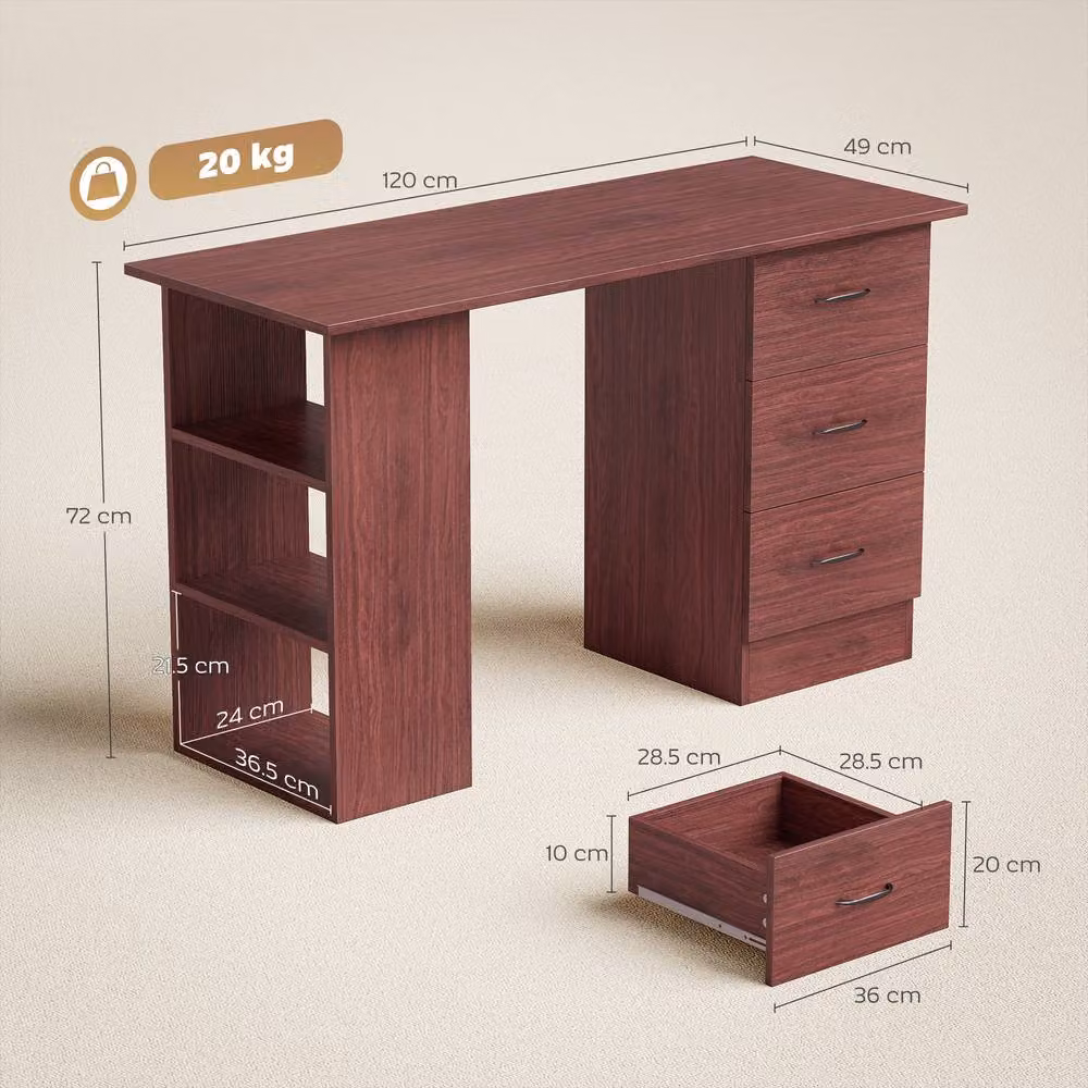 STILVORA Modern Brown Writing Desk with 3 Drawers and 3 Shelves – 3