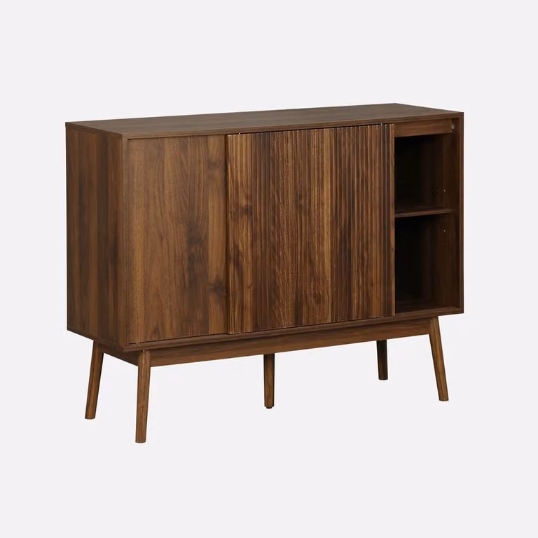 Sweekeec Scandinavian Style Buffet Storage Cabinet in Dark Brown Wood Effect with Glass Doors, Width: 115 cm