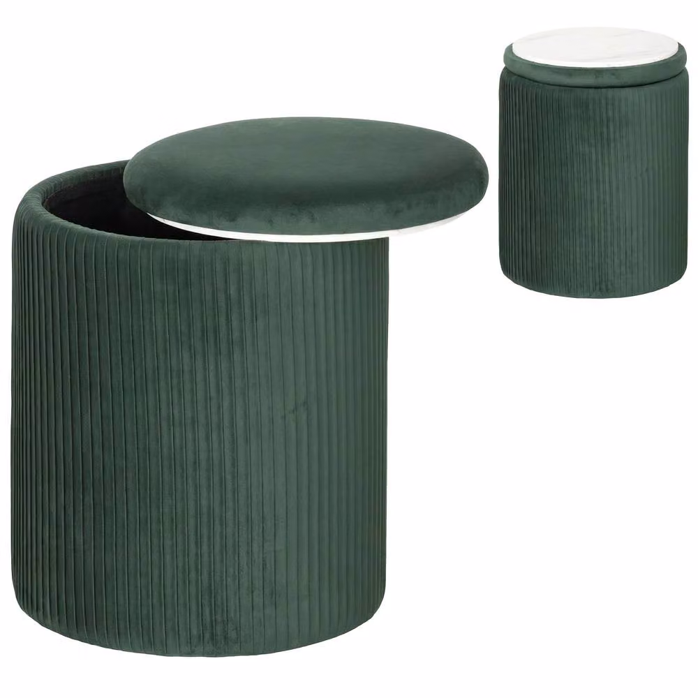 HOMCOM Round Storage Ottoman with Removable Cover in Dark Green – 2