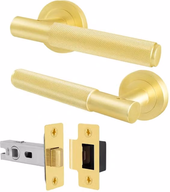 AFIT Satin Brass Knurled Round Rose Door Handles with Latch, Gold, 1 Pair