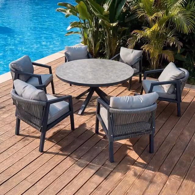 Furniture One Modern Matt Grey Metal Garden Table and 6 Chair Set