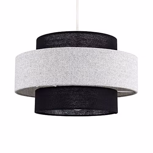MiniSun Modern Cylinder Ceiling Light Shade in Black and Grey Fabric, Width: 30 cm