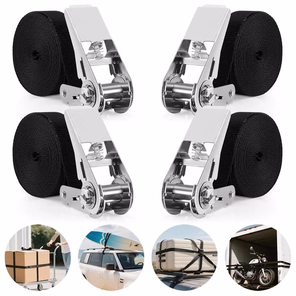 SPETLEK Set of 4 Black Ratchet Tie Down Lashing Straps, 1000kg Capacity, W/D/H: 4 x 4 m x 25 mm – 4
