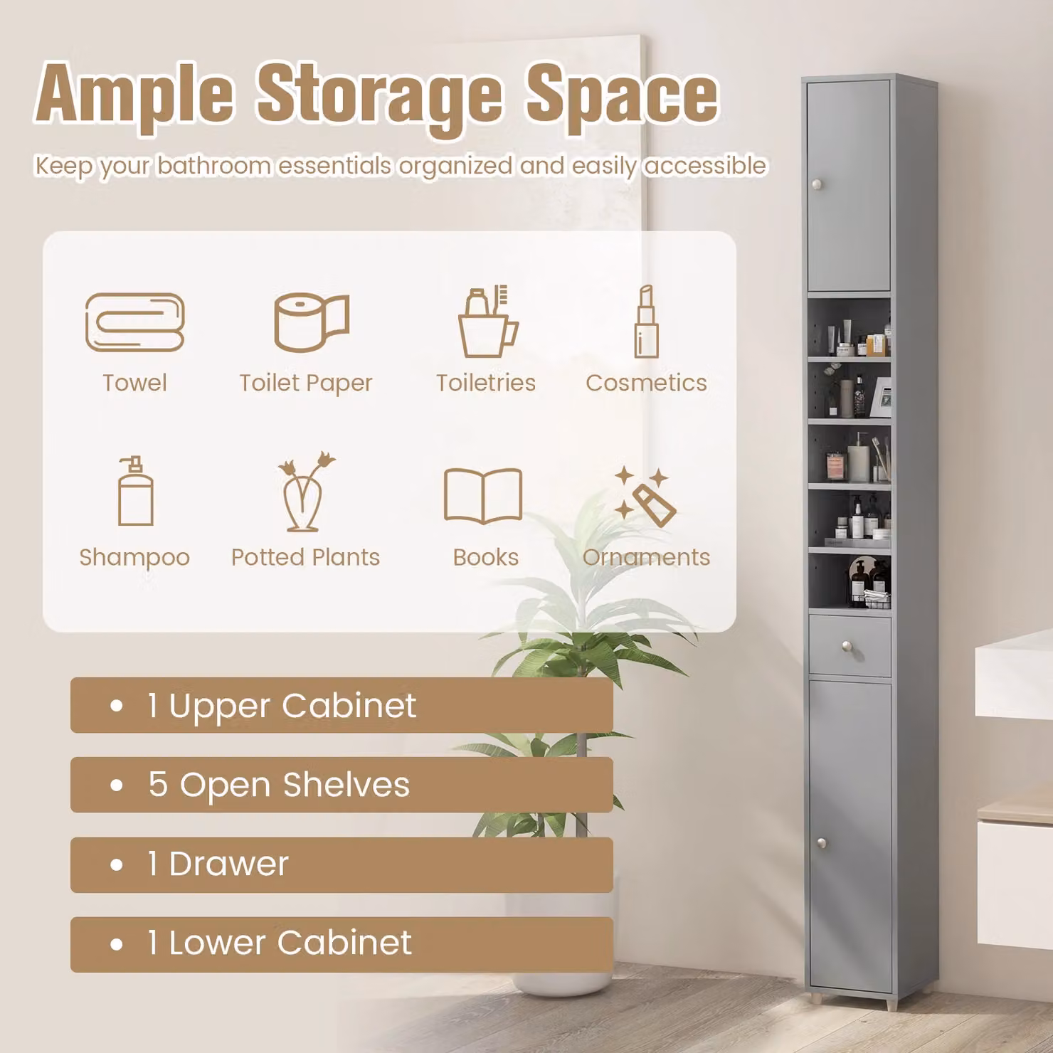 Gymax Slim Grey Bathroom Tall Linen Tower with 2 Doors and 1 Drawer – 4