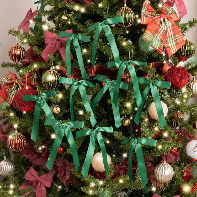 Melody Maison Set of 10 Green Satin Christmas Bow Hanging Decorations
