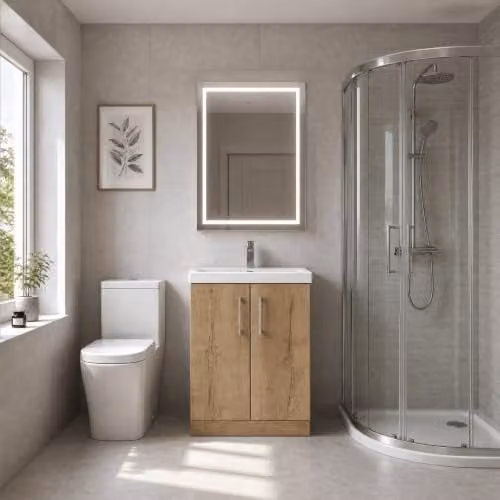 Balterley Pershall Contemporary Floor Standing 2 Door Bathroom Vanity Unit with Thin Edge Ceramic Basin, Autumn Oak, Width: 60 cm – 3