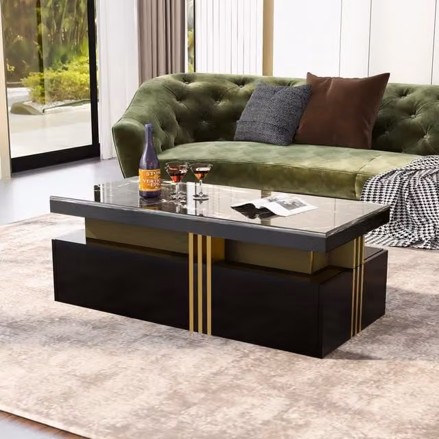 Aosom UK Modern Rectangular Coffee Table with Marble Veneer Top and 2 Wooden Drawers, Black, W: 100 cm, D: 50 cm, H: 40 cm