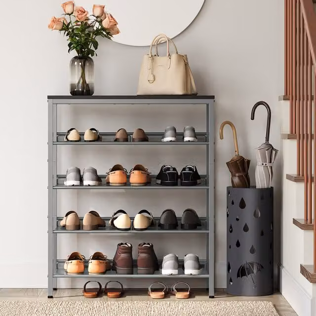 VASAGLE 5-Tier Industrial Shoe Rack with Mesh Shelves, Grey, H 93 x W 75 x D 30 cm