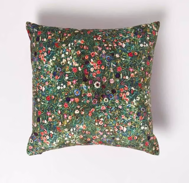 Homescapes Klimts Italian Garden Velvet Cushion, Pink and Multicolour, 46 x 46 cm