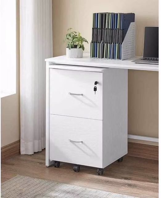The Bazaarist Rolling File Cabinet with 2 Lockable Drawers in White