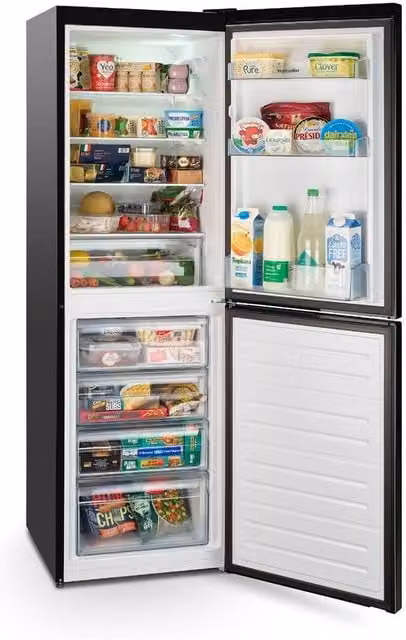 Montpellier Black Freestanding 50/50 Low Frost Fridge Freezer, E Energy Rating, W: 54 cm, D: 59 cm, H: 163 cm