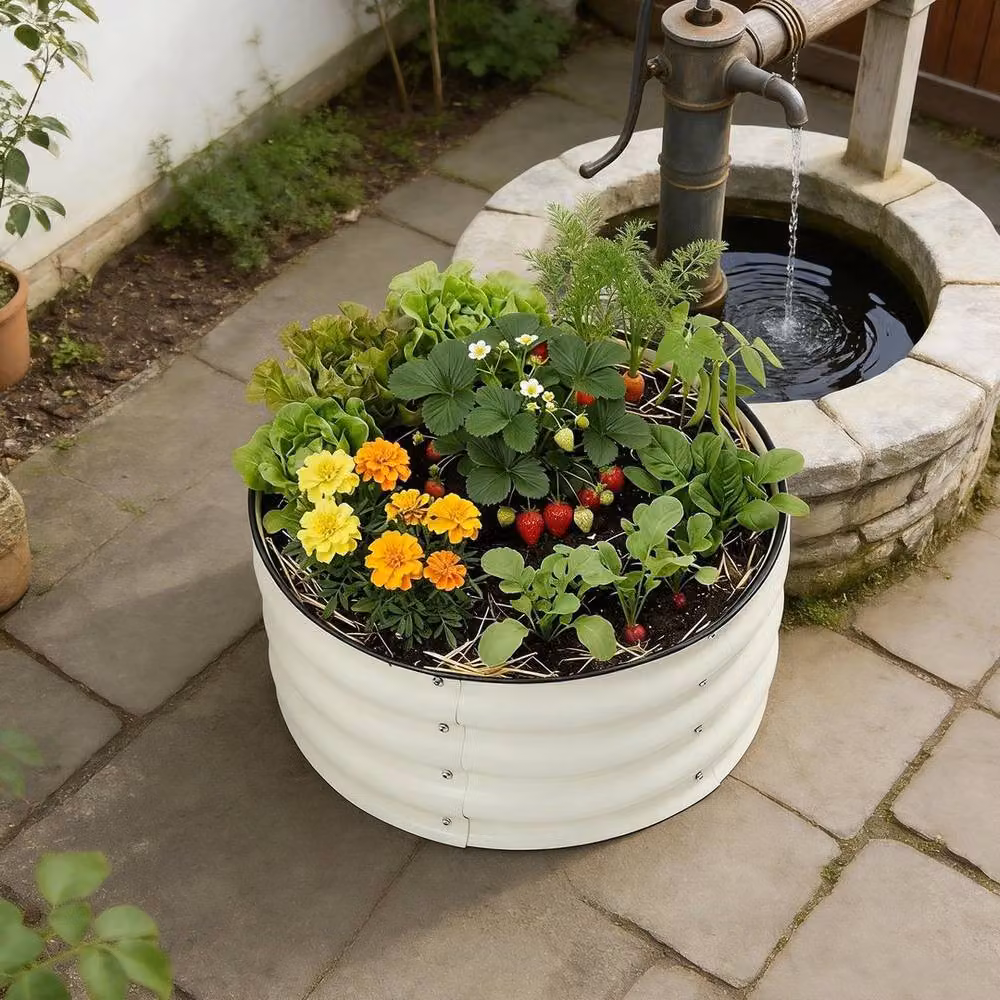 Kelvenix Round Metal Raised Planter Box in White – 2