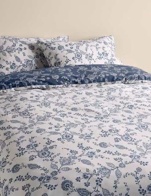 M&S Cotton Rich Trailing Floral Bedding Set, Slate Blue, 140 x 200 cm