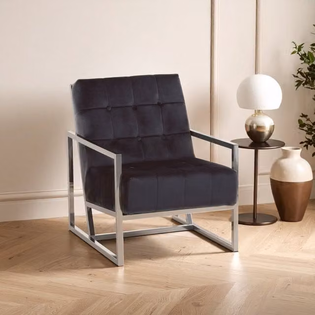 Orsina Black Velvet Armchair with Silver Metal Frame – 1