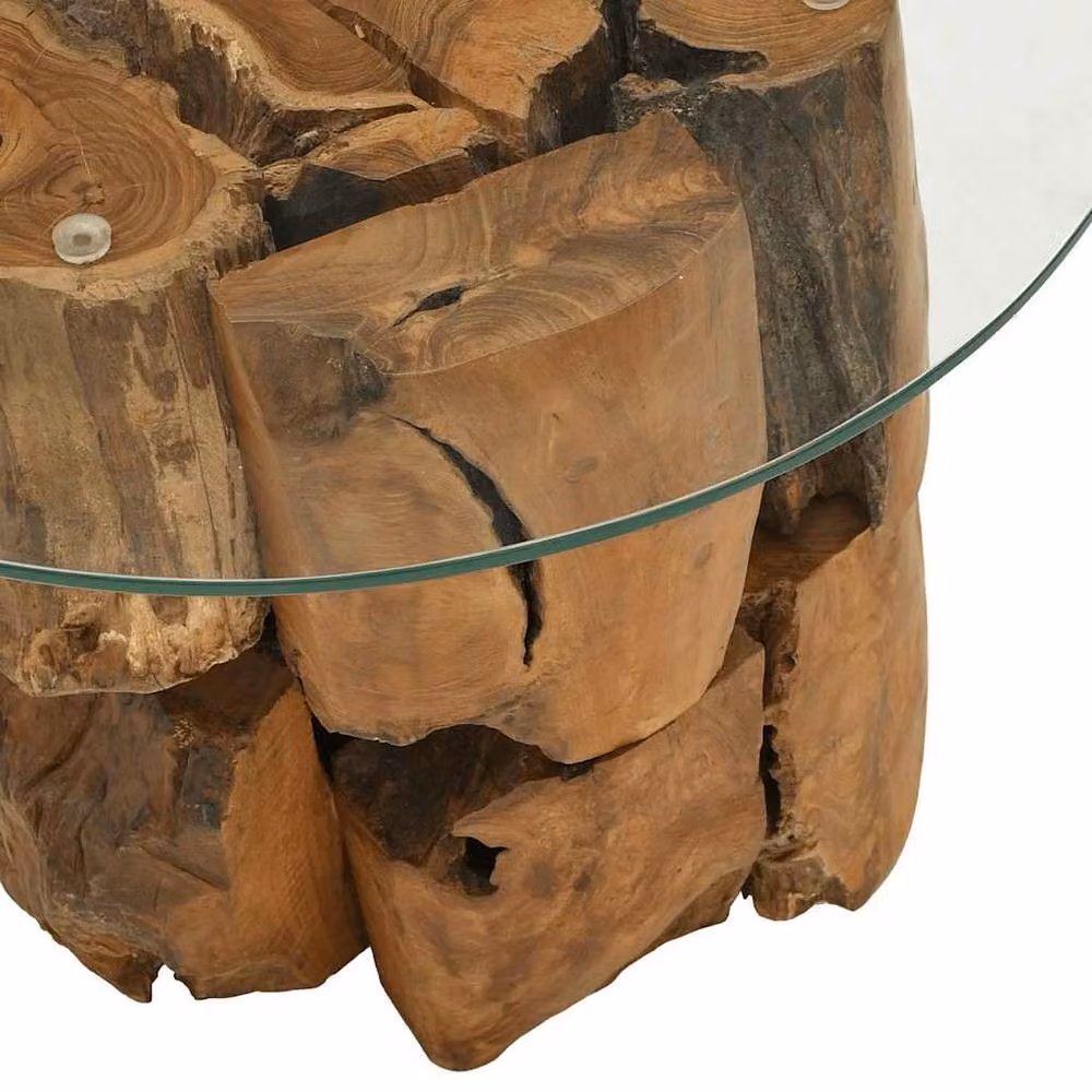 Berkfield Home Round Rustic Solid Teak and Glass Coffee Table, Brown, Diameter: 60 cm – 3