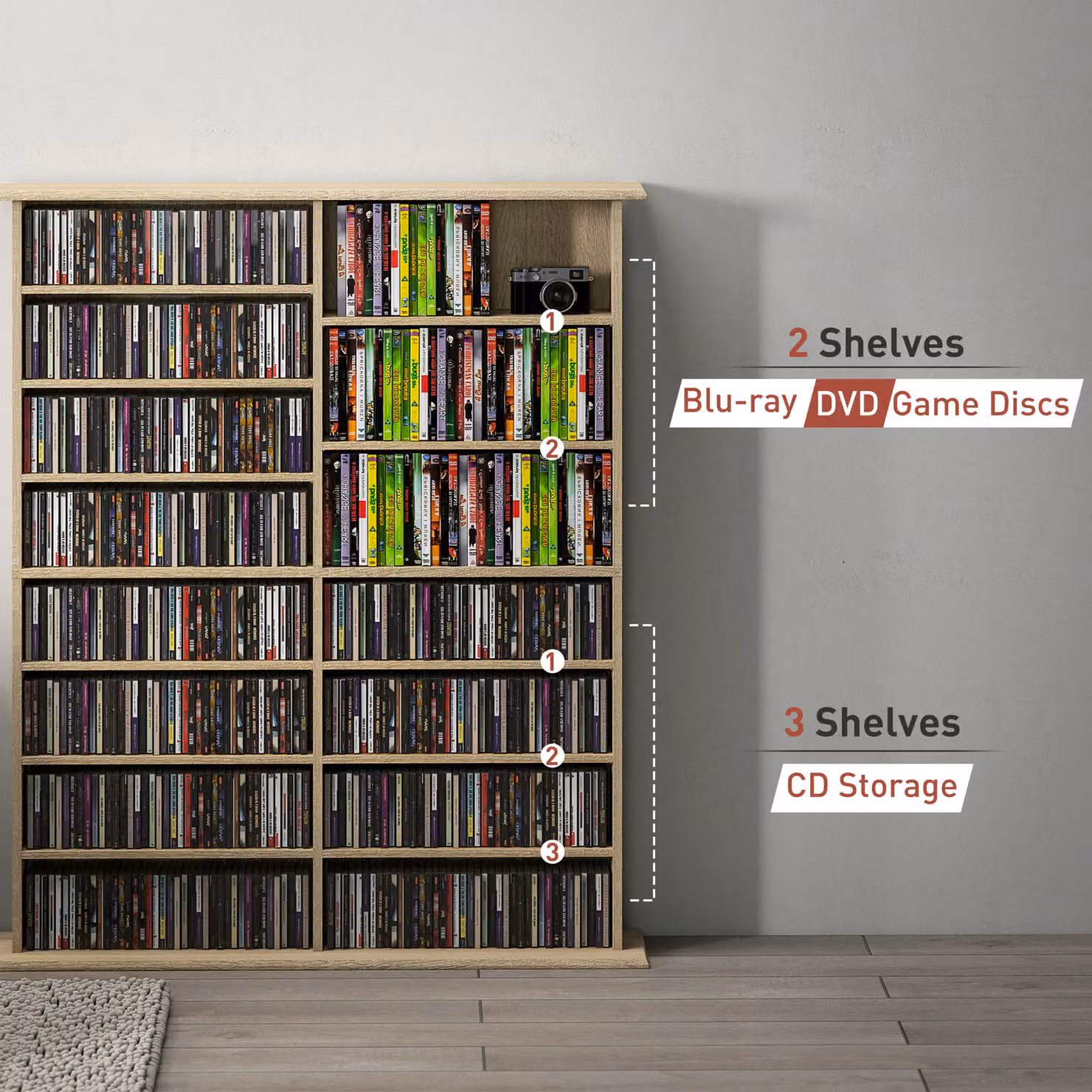 HOMCOM 16-Compartment Modern Media Shelf with Adjustable Shelves in Brown Wood Finish, W/D/H: 126.3 x 30.0 x 106.5 cm – 4