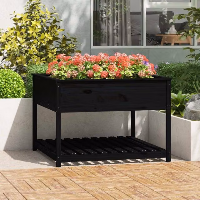 Berkfield Black Solid Wood Pine Raised Bed Planter with Shelf, W: 111.5 cm, D: 111.5 cm, H: 81 cm – 1