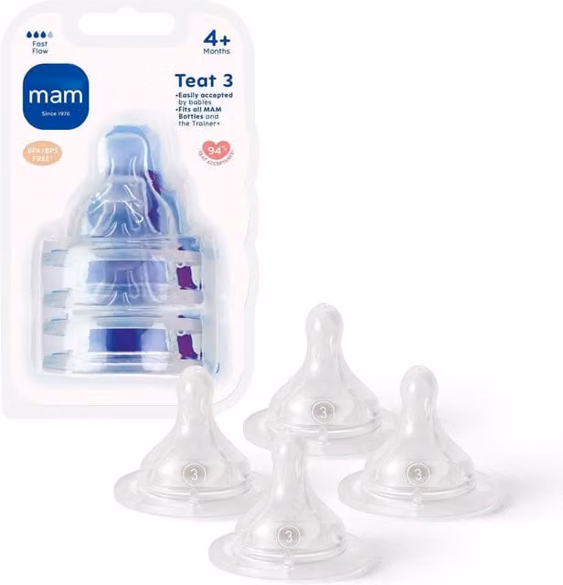 MAM Silicone Size 3 Fast Flow Round Bottle Teats, 4 Pack