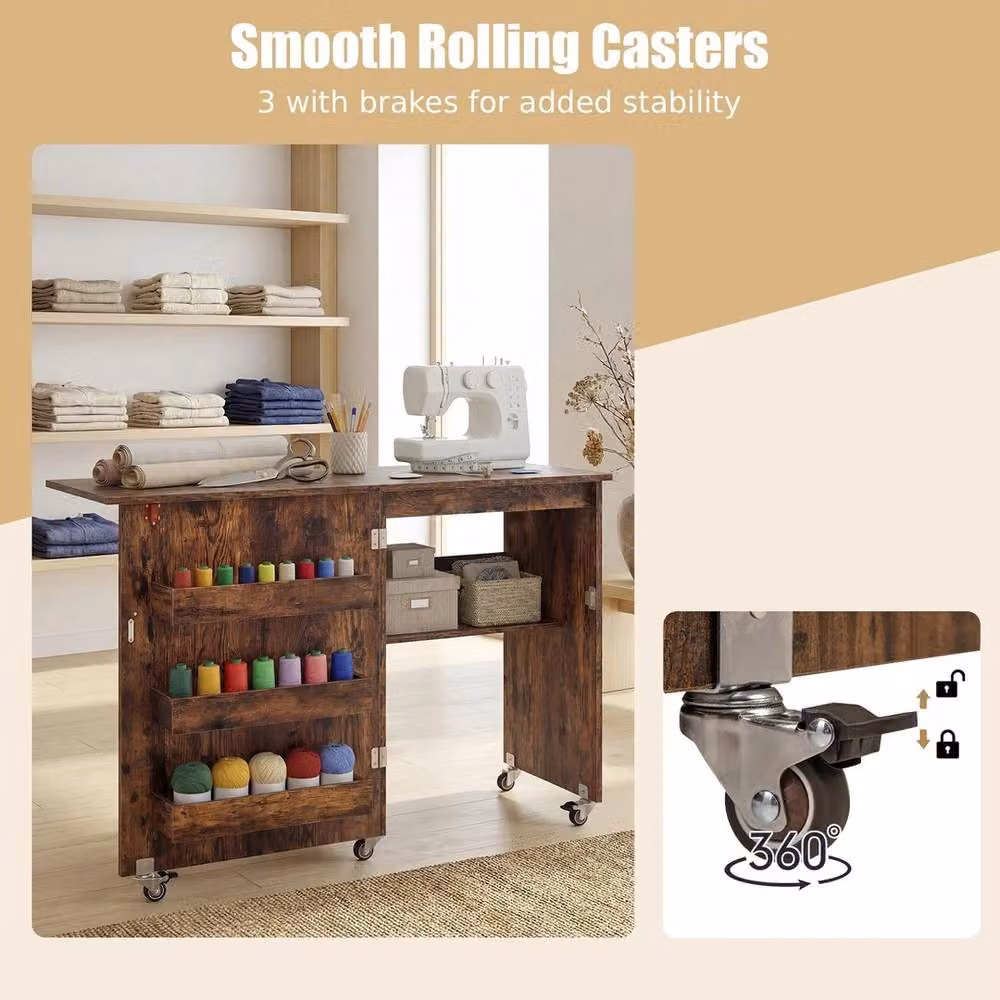 NESTLUNE Mobile Sewing Machine Desk with Lockable Wheels, Brown, W: 100 cm, D: 15 cm – 3