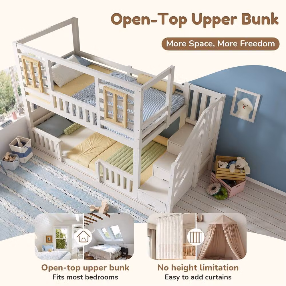 Rolipo Kids White Wooden Treehouse Bunk Bed with Storage Stairs – 3