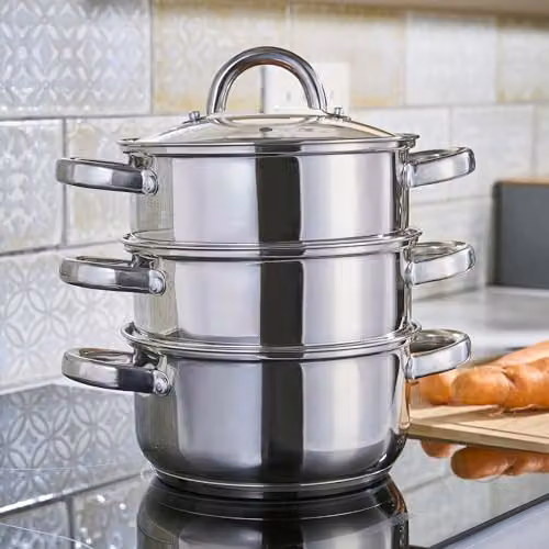 Cooks Professional 3 Tier Stainless Steel Steamer Pan with Glass Lid, Silver, Diameter: 18 cm – 2