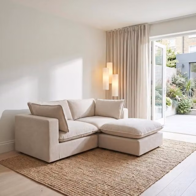 Furniturebox UK Echo Linen-Look Trim Fabric 2 Seater Modular L-Shape Chaise Sofa with Matching Ottoman in Cream