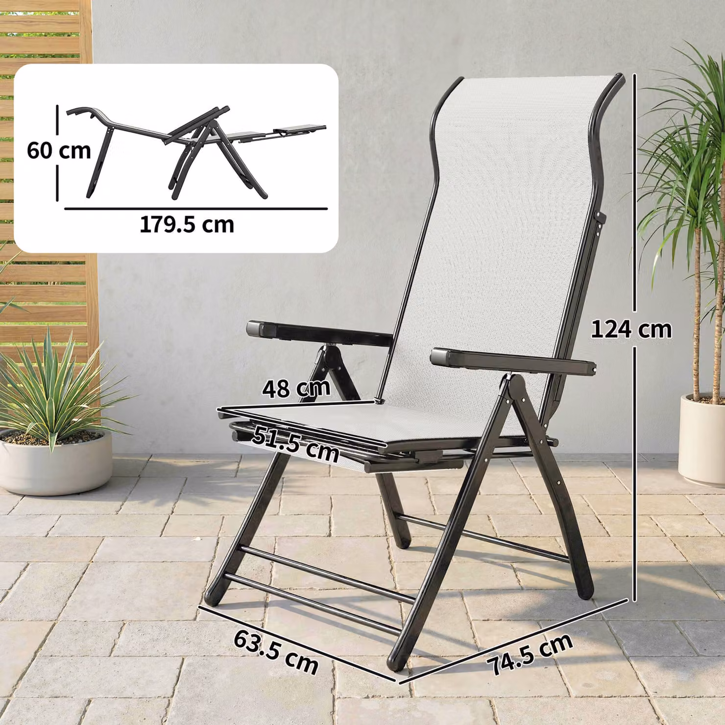Outsunny Set of 2 Reclining Garden Chairs in Grey with 5-Position Adjustable Backrest and Retractable Footrest – 3
