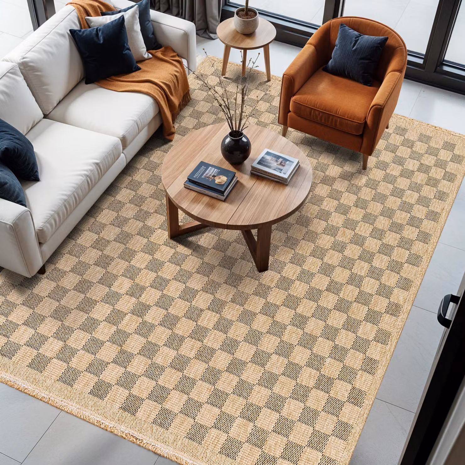 Livabliss Mirage-Cottage Checkerboard Jute-Look Indoor and Outdoor Rug in Black and Brown with Fringes, W: 160 cm, D: 215 cm – 3