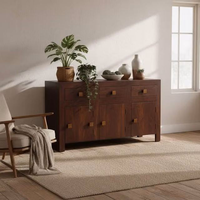 Wyld Haus Phuket Large Mango Wood Sideboard with 3 Drawers and 3 Doors in Brown, W/D/H: 135 x 45 x 75 cm