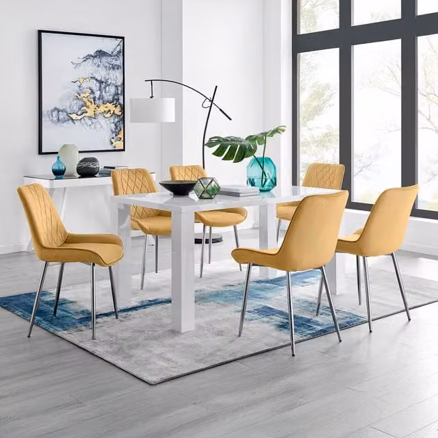 FurnitureboxUK Pivero 6 White Rectangular Dining Table and 6 Pesaro Silver Leg Chairs in Mustard and Yellow