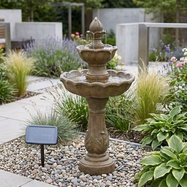 Garden Greatness Kingsbury Stone Effect Tiered Solar Cascade Water Feature, Beige, W/D/H: 48 x 48 x 98 cm