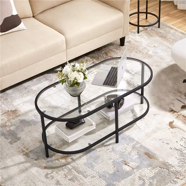 Yaheetech Modern Oval Coffee Table with Transparent Glass Top and Black Metal Sled Base