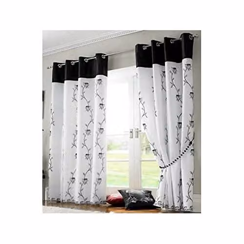 Tahiti Black Floral Embroidered Lined Voile Eyelet Curtains, W: 140 cm, H: 225 cm