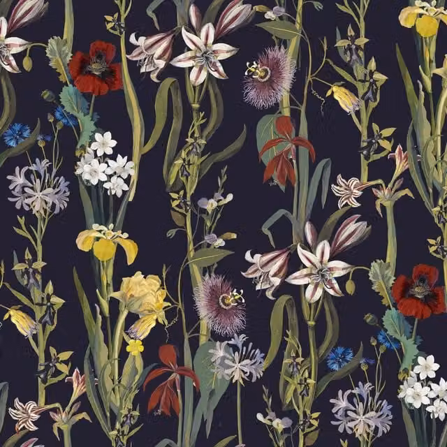 House of Hackney Flora Delanica Botanical Floral Wallpaper in Midnight Blue and Multicolour